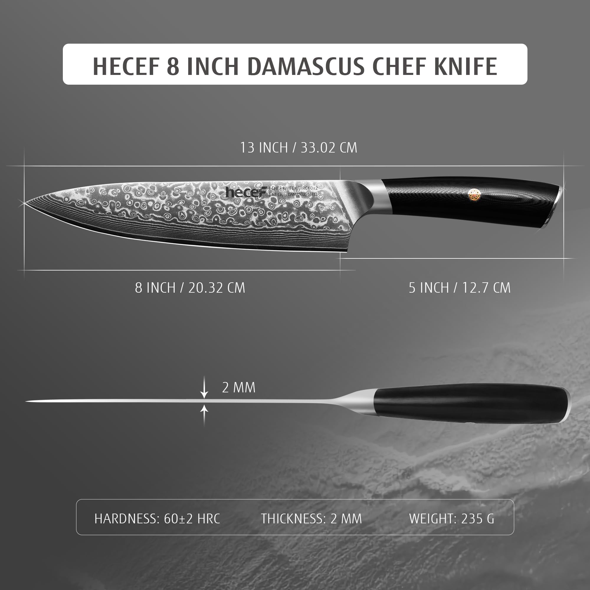 hecef Cuchillo Damasco, Cuchillo Japones Profesional con Mango Ergonómico G10, 67 Capas Cuchillo Acero Damasco con Protector de Hoja, 20 cm Cuchillo Chef, Regalo para Chef y Amantes de la Cocina