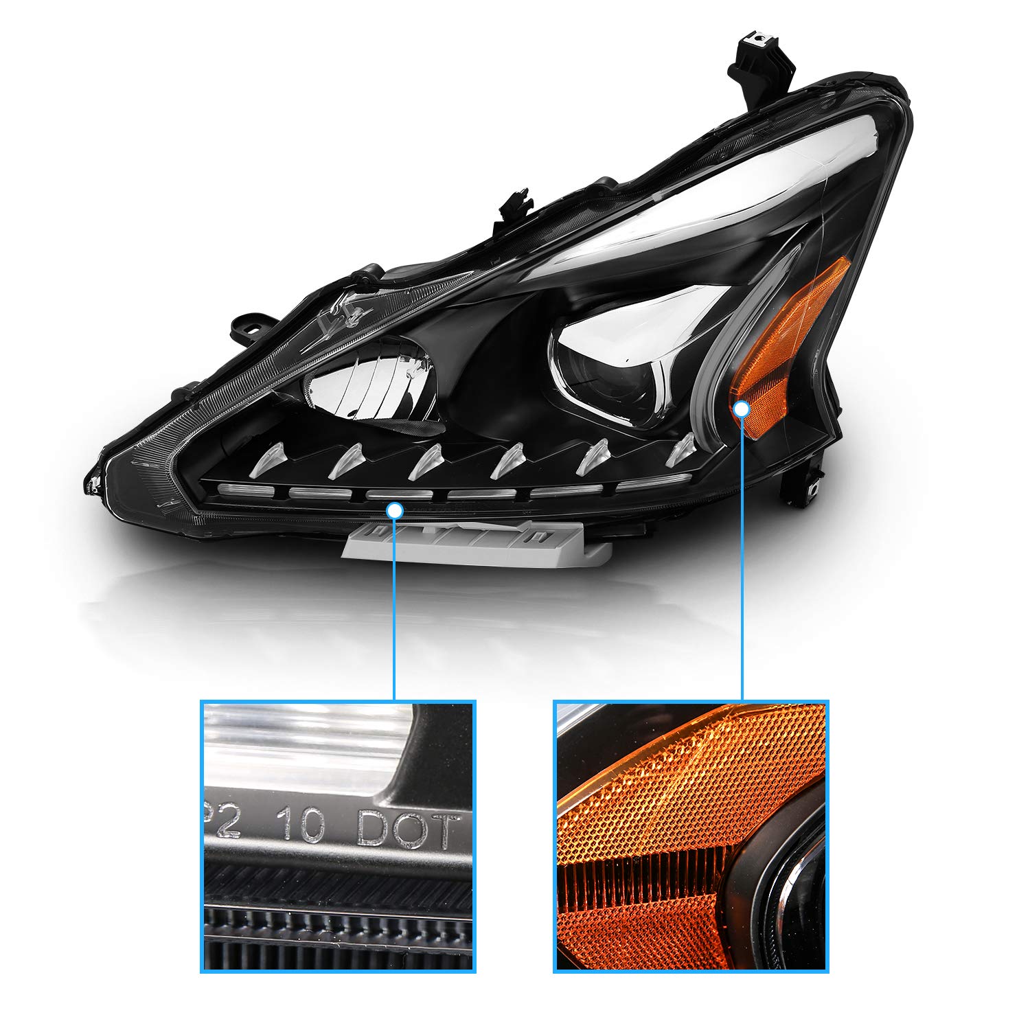 DNA Motoring Projector Headlights For 2013-2015 Nissan Altima Sedan - Black/Amber Set