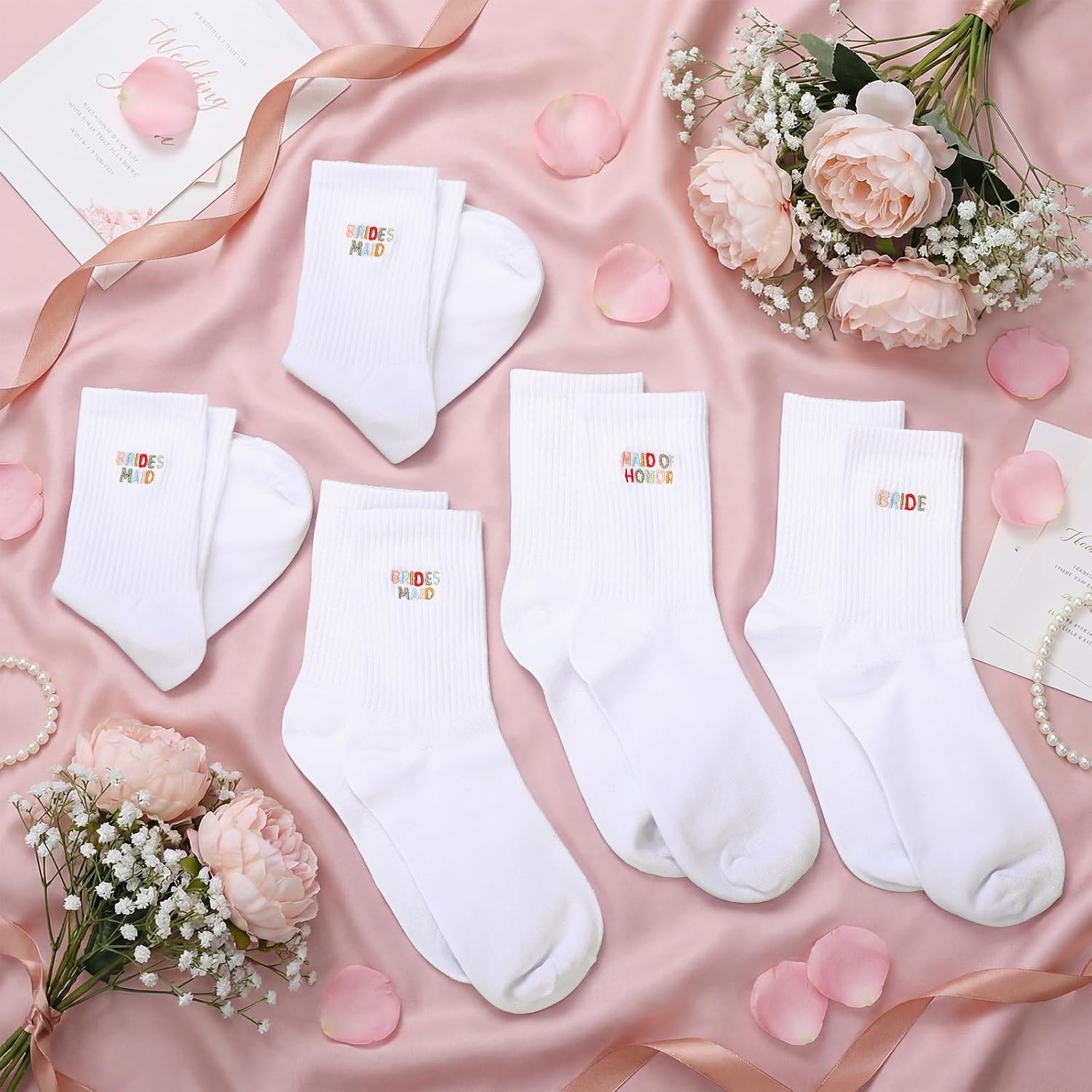 Glitopper 8 Pairs Wedding Socks Set Bridesmaid, Bride, Maid of Honor Gifts Embroidered White Crew Socks for Women Proposal Bridal Shower Bachelorette Party Costume Accessories