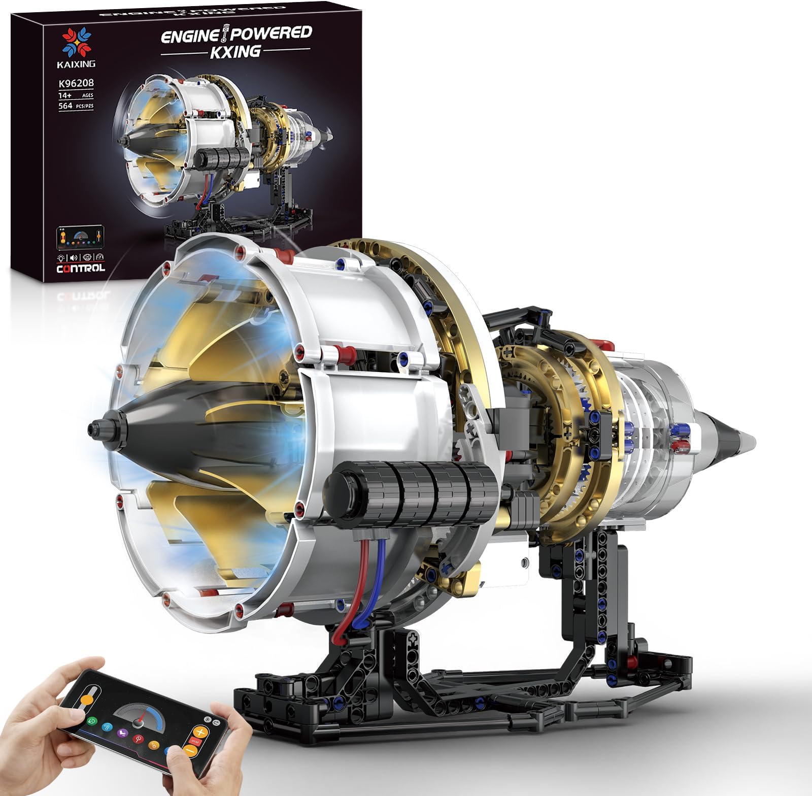 Jet Engine Building Set, Mini Engine Model Kit That Runs, Visible Aircraft Turbofan Engine Kit with Motor, Lights, & App Control, STEM Toys Gifts for Adults, Teens Age 14+ (564 PCS)