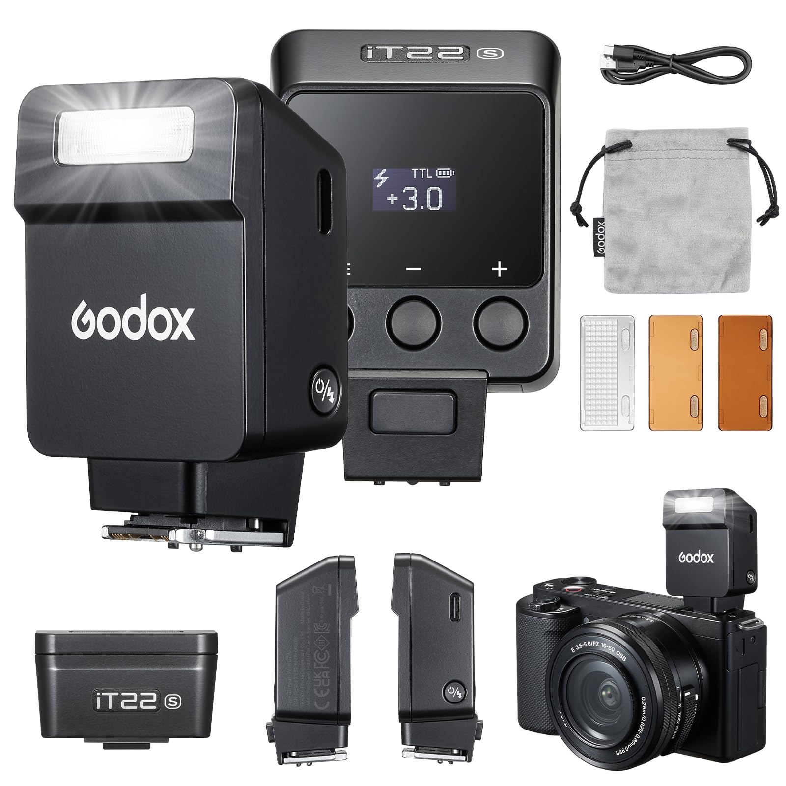 Godox iT22 S Mini-Blitz für Sony-Kamera, eingebauter 7,4 V 300 mAh Akku, manuell/TTL-Modi, 700+ Blitze, 1,5 Sekunden, Recycling-Blitzschuh mit Diffusor, Farbfilter, Zubehör für Sony zev10 ect