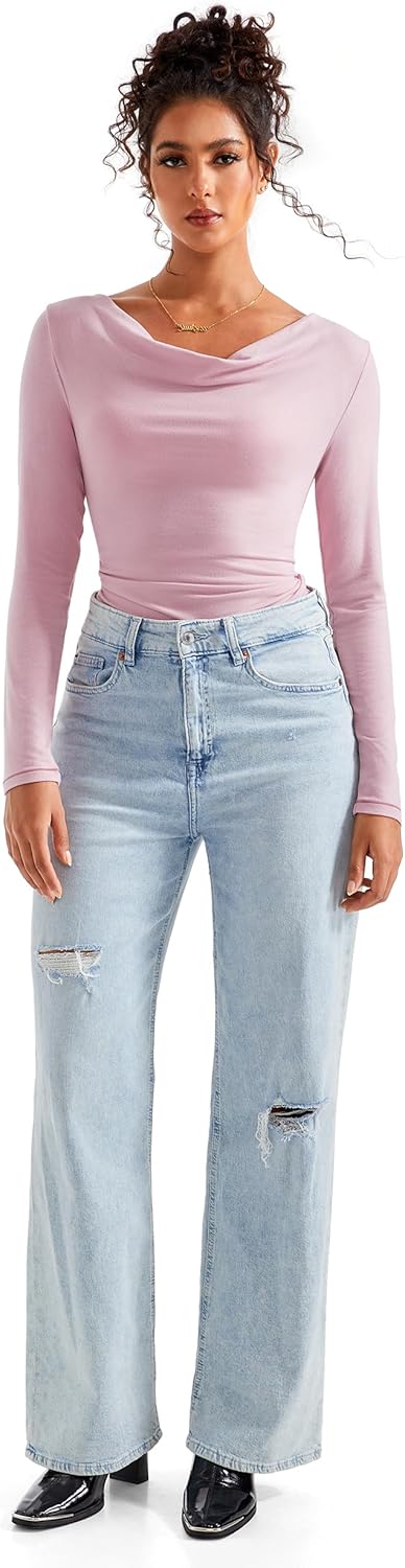 SUUKSESS Women Long Sleeve Off Shoulder Tops Trendy Cowl Neck Going Out Shirt for Fall - Image 5