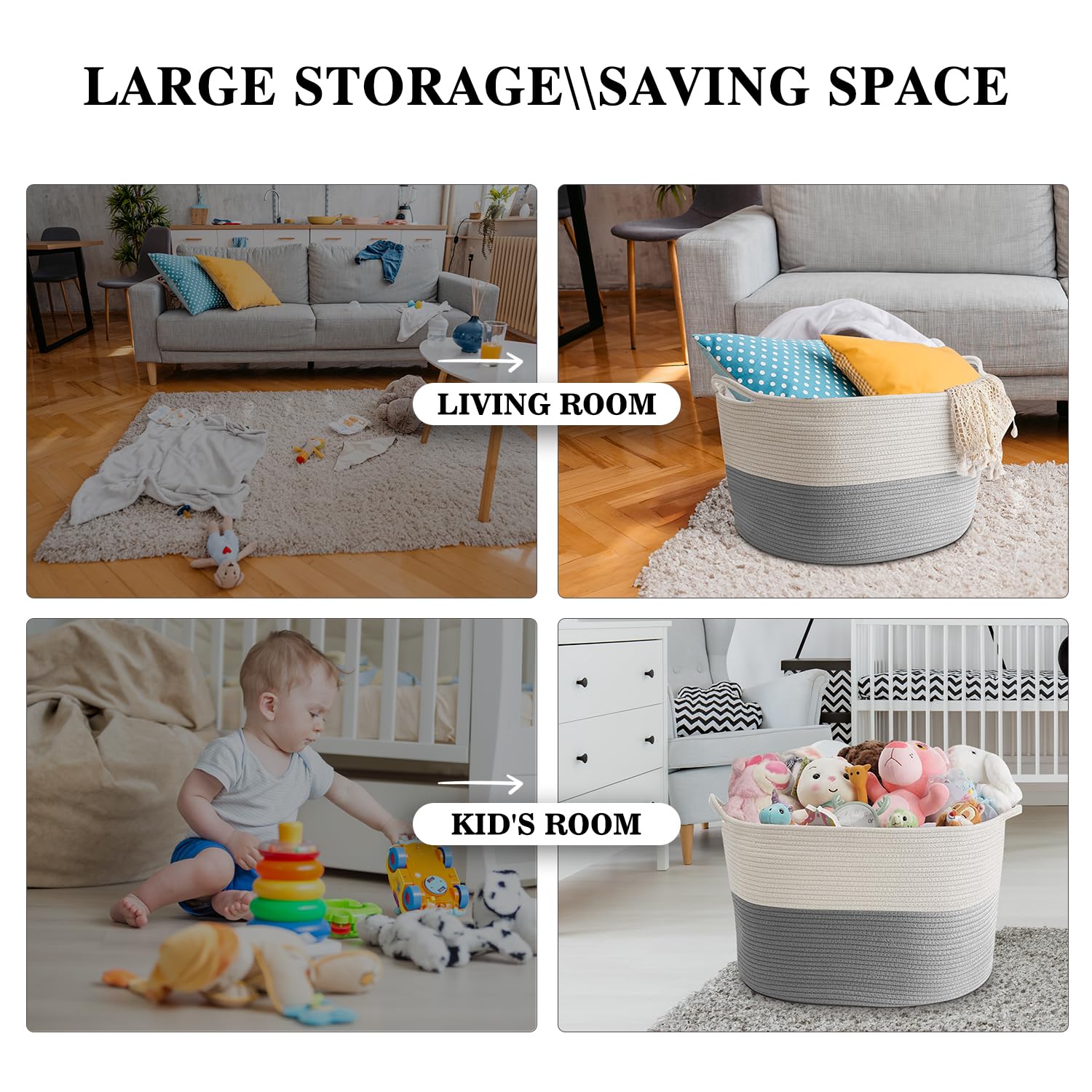 Maliton Cesto Portabiancheria Extra Grande, 50 x 30 cm Cesto Biancheria Sporca con Manici, Cesta Giochi Bambini per Salotto, Bagno, Coperte(Bianco Grigio)