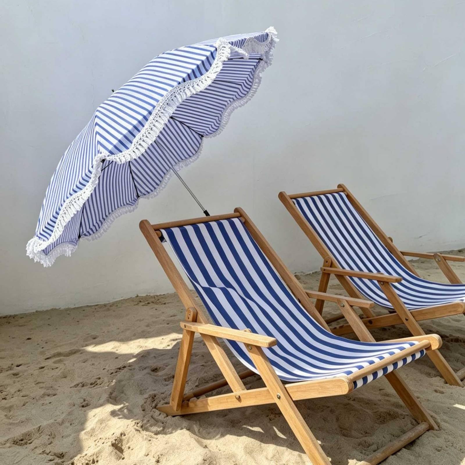 Colcolo Strand Sonnenschirm Klemmschirm Ampelschirm Schattenspender Schirm mit Fransen Tragbar Stabil mit Schraubhalter für Gartenstuhl Patio Balkon See Strand Geeignet, Blau-Weiß Gestreift