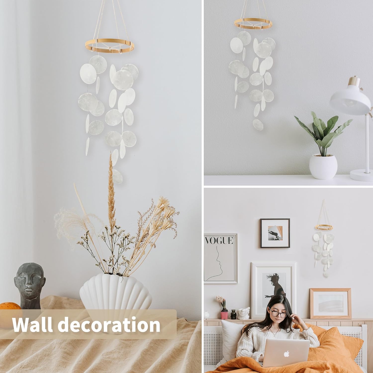 Handmade Capiz Wind Chimes for Outside, Outdoor Seashell Hanging Beach Coast Ocean Home Decorative, Unique Natural Shell Waterfall Windchimes for Summer Patio, Great Memorial Sympathy Gift（White - Image 6