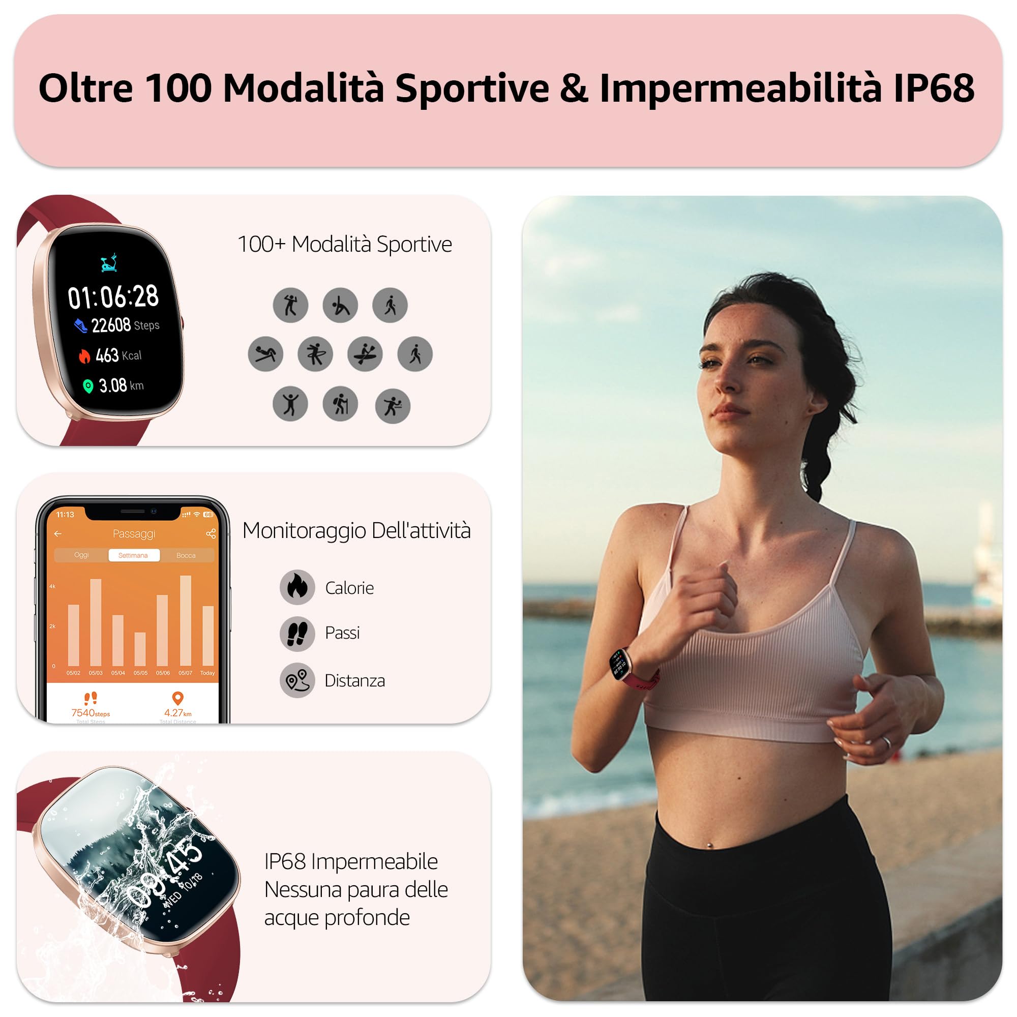 Smartwatch Uomo Donna (Rispondi/Effettua Chiamate), 1.83" Orologio Smartwatch con Contapassi/Sonno/SpO2/Cardiofrequenzimetro, 100+ Modalità Sportive, IP68 Impermeabile Fitness Tracker per iOS Android