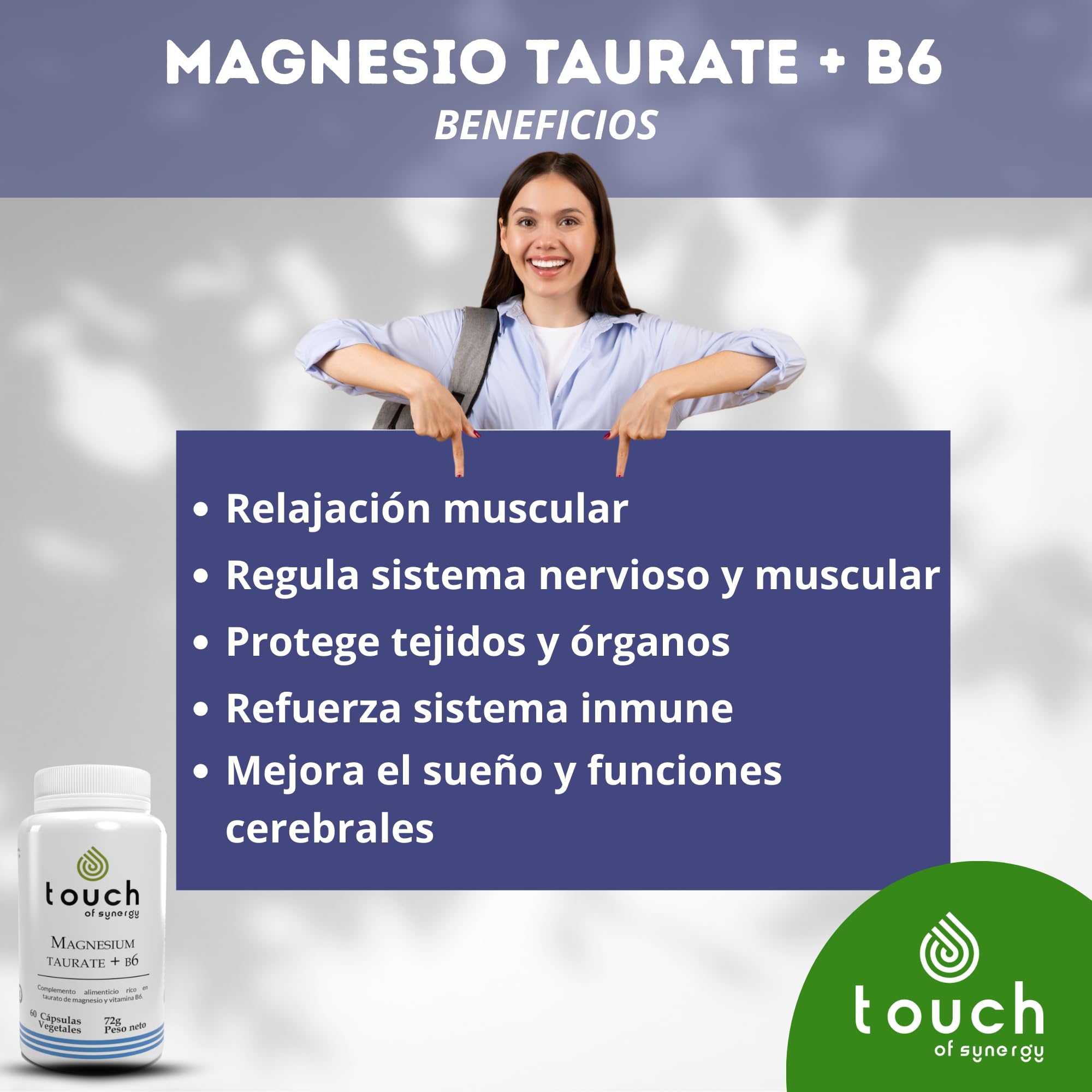 Magnesium Taurate + B6-60 Cápsulas - Suplemento de Magnesio y Vitamina B6 - Reduce el Estrés, Mejora el Sueño y la Función Muscular