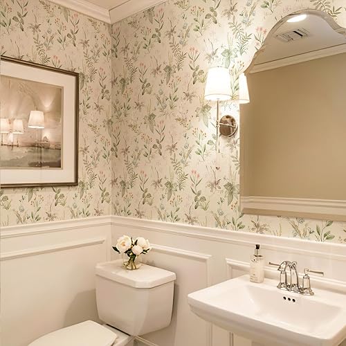 Simon&Siff Vintage Wallpaper Peel and Stick Beige Floral Contact Paper Wildflowers Botanical Wall Paper Removable Renter Friendly Wallpaper 17.3" x 1200"