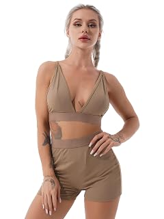 Hansber Womens Workout Outfits Sexy Low-Cut Bras with Bodycon Yoga Shorts Set Seamless Tracksuit Gym Activewear