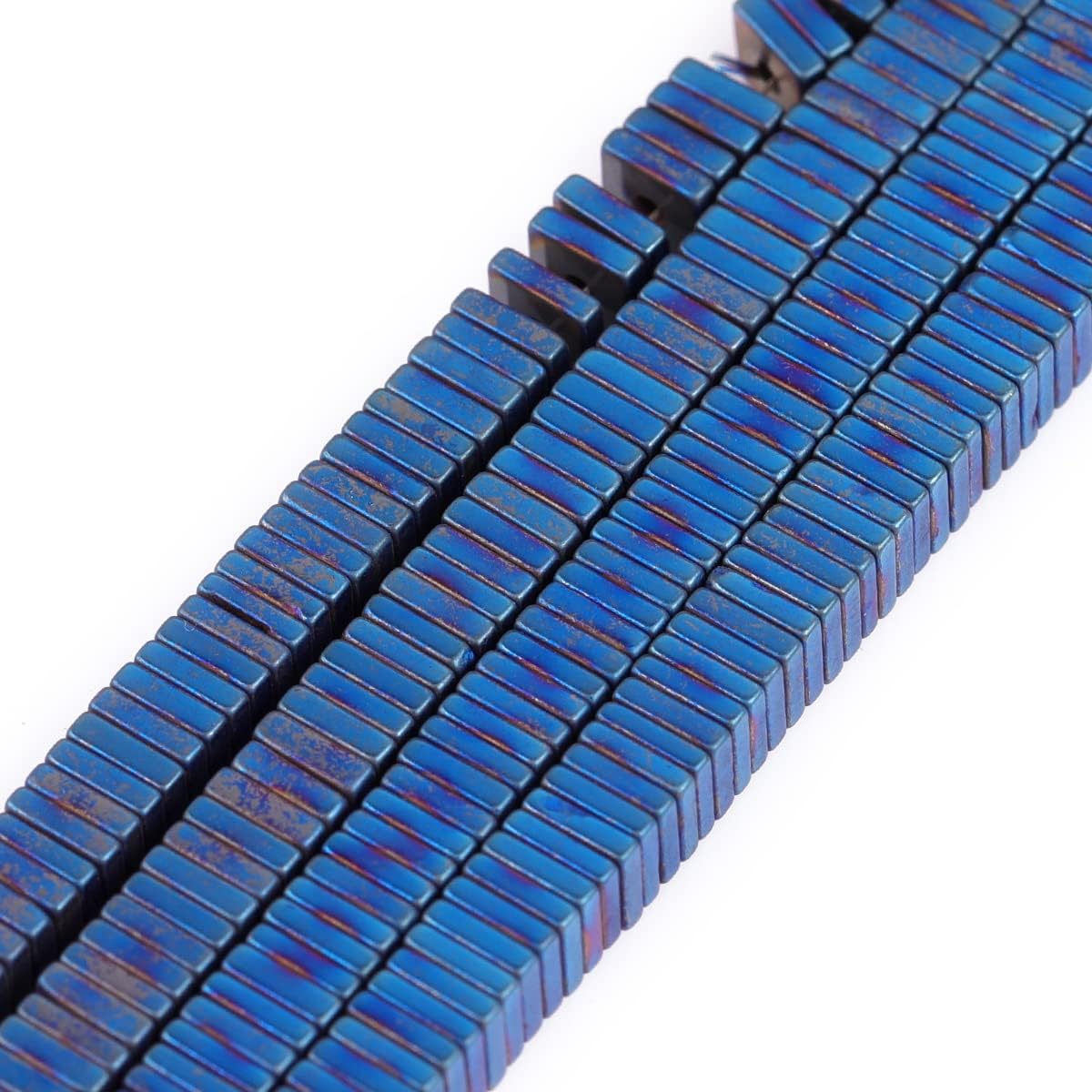 GEM-Inside Hematite Non-Magnetic Gemstone Loose Beads Square Blue Metallic Coated Crystal Energy Stone Power for Jewelry Making 15" 4x1mm