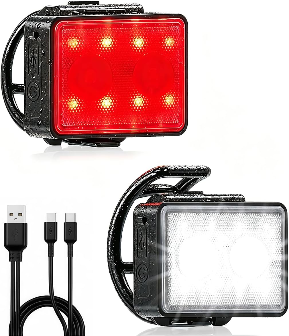 Bike Lights for Night Riding, USB Rechargeable, Front and Back, 3+4 Modes, Headlight and Taillight Set, IP44 Waterproof, Accessories, Night, (2 Pack)