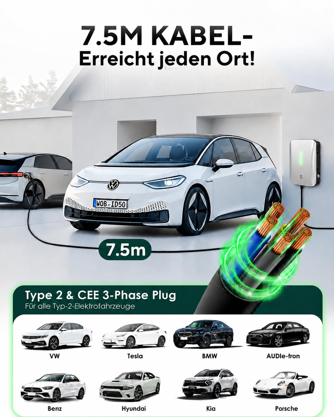 Wallbox 11kW mit APP, 7,5m Typ 2 Kabel + Halter, 3-Phasen Ladestation | 16A EV-Ladestation, IP65 Outdoor, mehrfacher Sicherheitsschutz, effiziente Ladestation für Zuhause, Wohnanlagen und Gewerbe