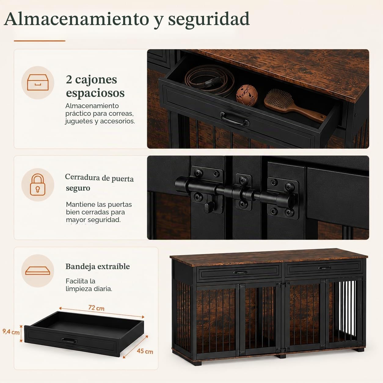 Jaula para perros XXL, jaula para perros con 2 cajones y 2 puertas, caja para perros grandes y medianos, mesa auxiliar, caseta interior, casa para perros para el hogar, negro, 164 x 60 x 80 cm, hierro