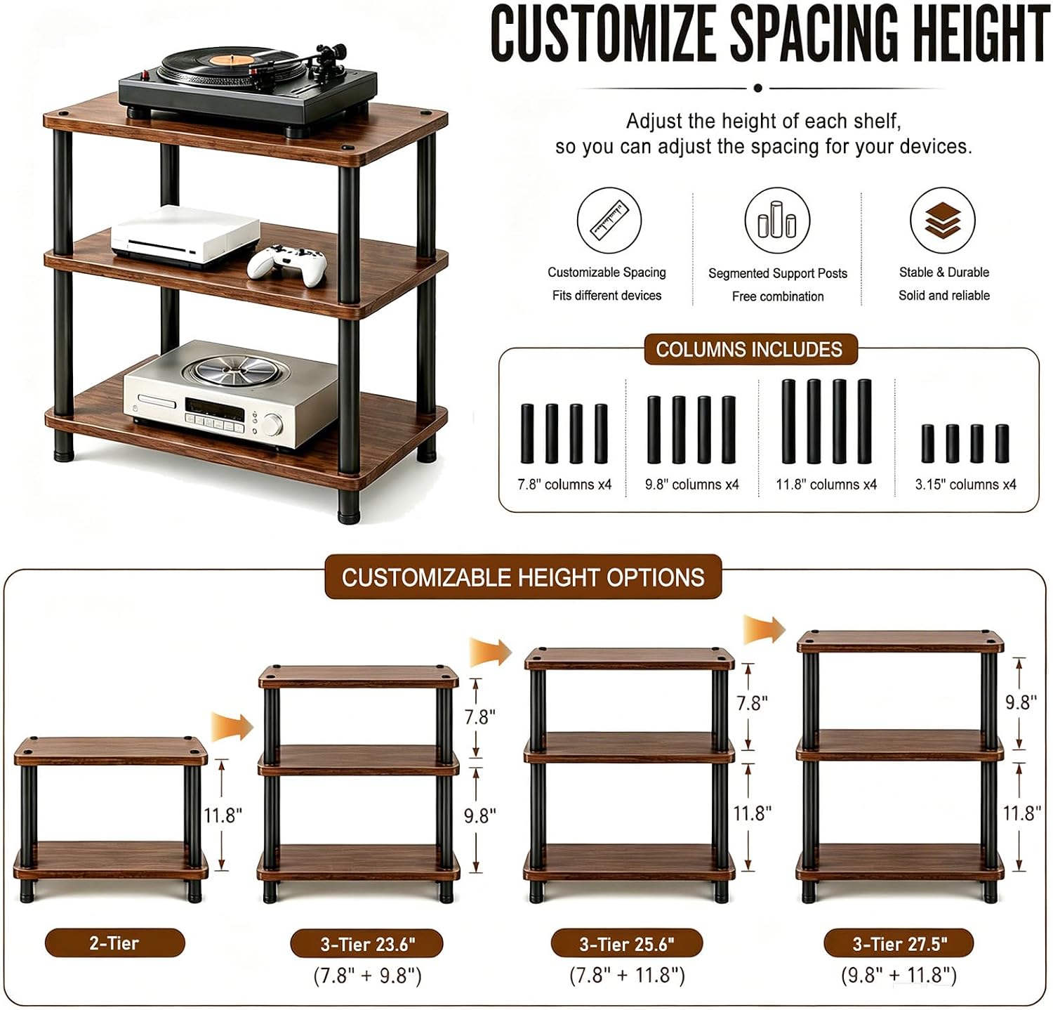 Heavy Duty Audio Component Rack, 4-Tier Height Adjustable AV Equipment Media Stand, Stereo CD Record Player Stand, with Shock-Absorbing Feet & Lockable Wheels | 220lbs Capacity(Brown,3 tier)