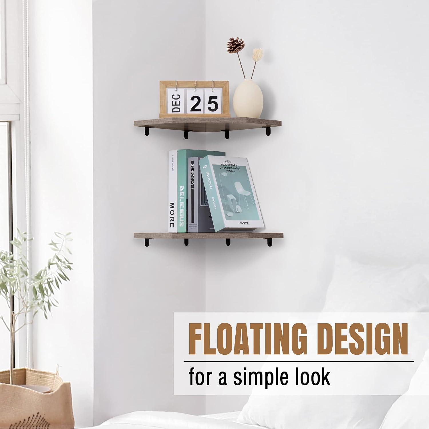 Fun Memories Corner Shelf Wall Mount, Floating Corner Shelves, Set of 2 Corner Wall Shelf Organizer, Rustic Wood Wall Storage Display Shelves for Living Room Bedroom Bathroom Kitchen, Rustic Grey image 3