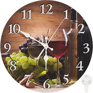 Round Wall Clock Silent Non-Ticking Clock 10 Inch, Glasses Red White Wine Grapes, Home Decor for Living Room, Kitchen, Bedroom, and Office