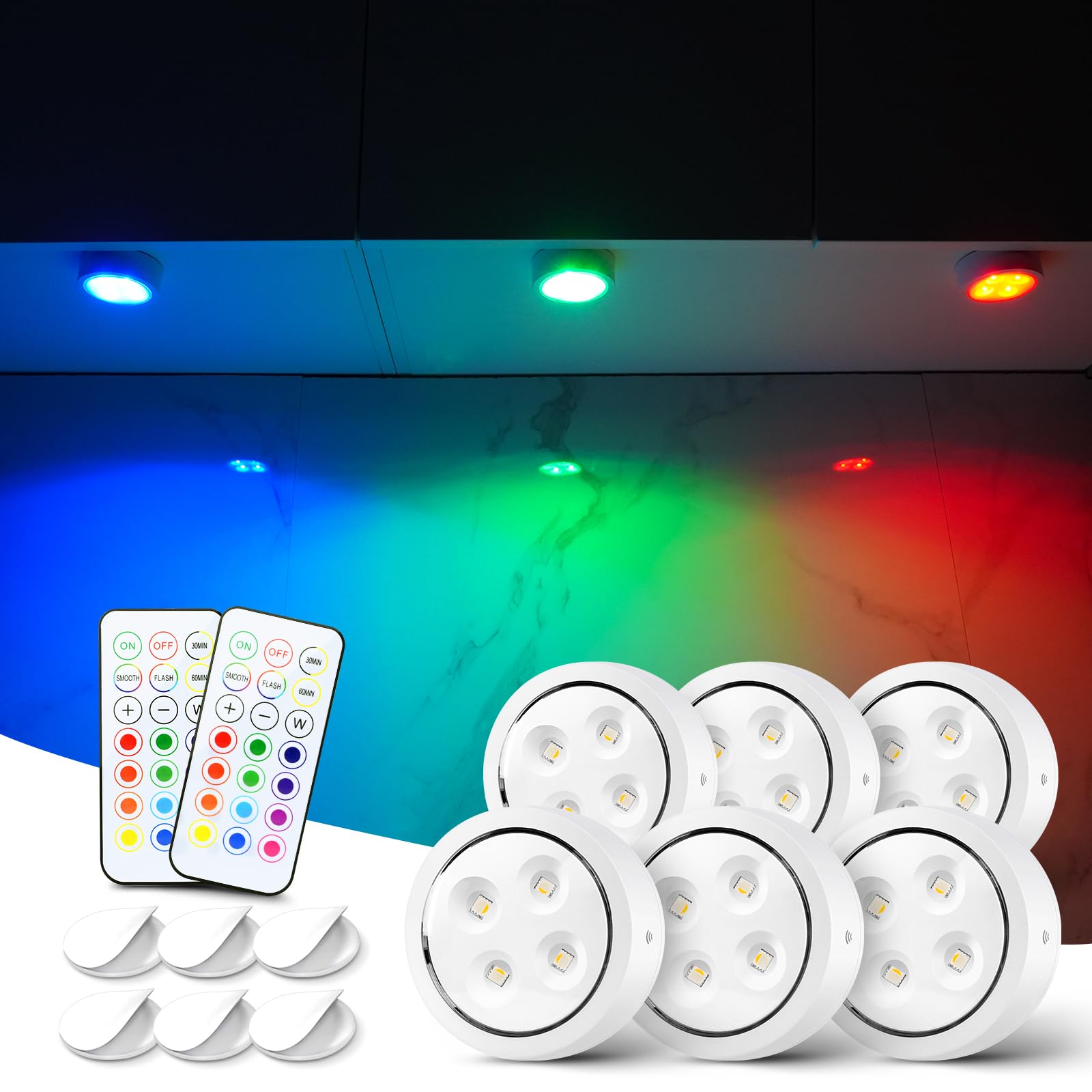 swesara Push Lights with Remote Puck Lighting Battery Operated Tap Lights Button Stick On Color Changing Led Lights 6 Pack (White 6P)
