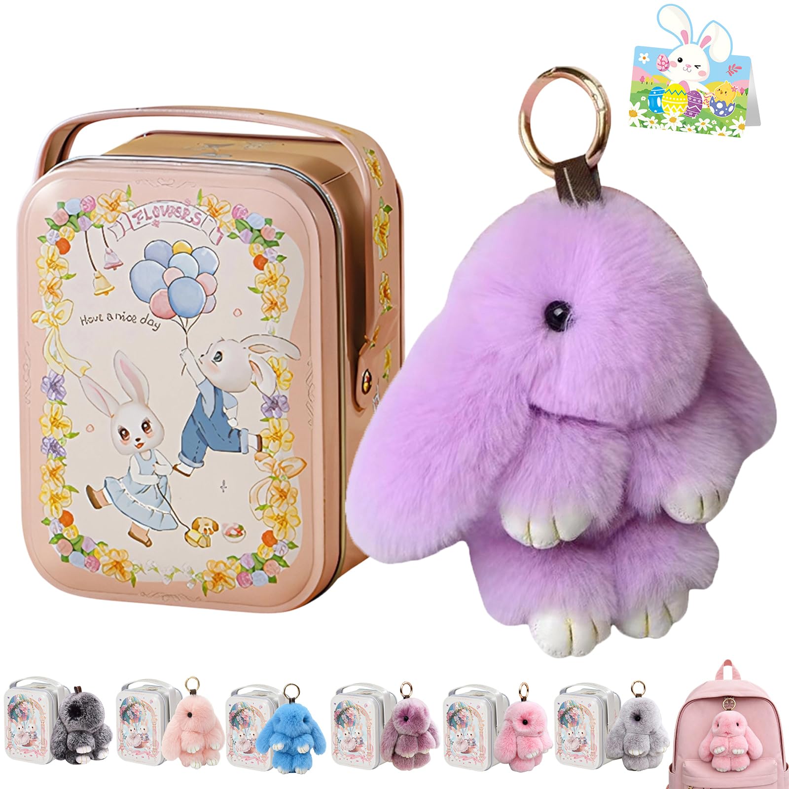 Bunny Lulu Keychain With Tin Box, Bunny Keychain Charm Bao Rabbit Pompom For Bags, Easter Girls Women Gift — view 10