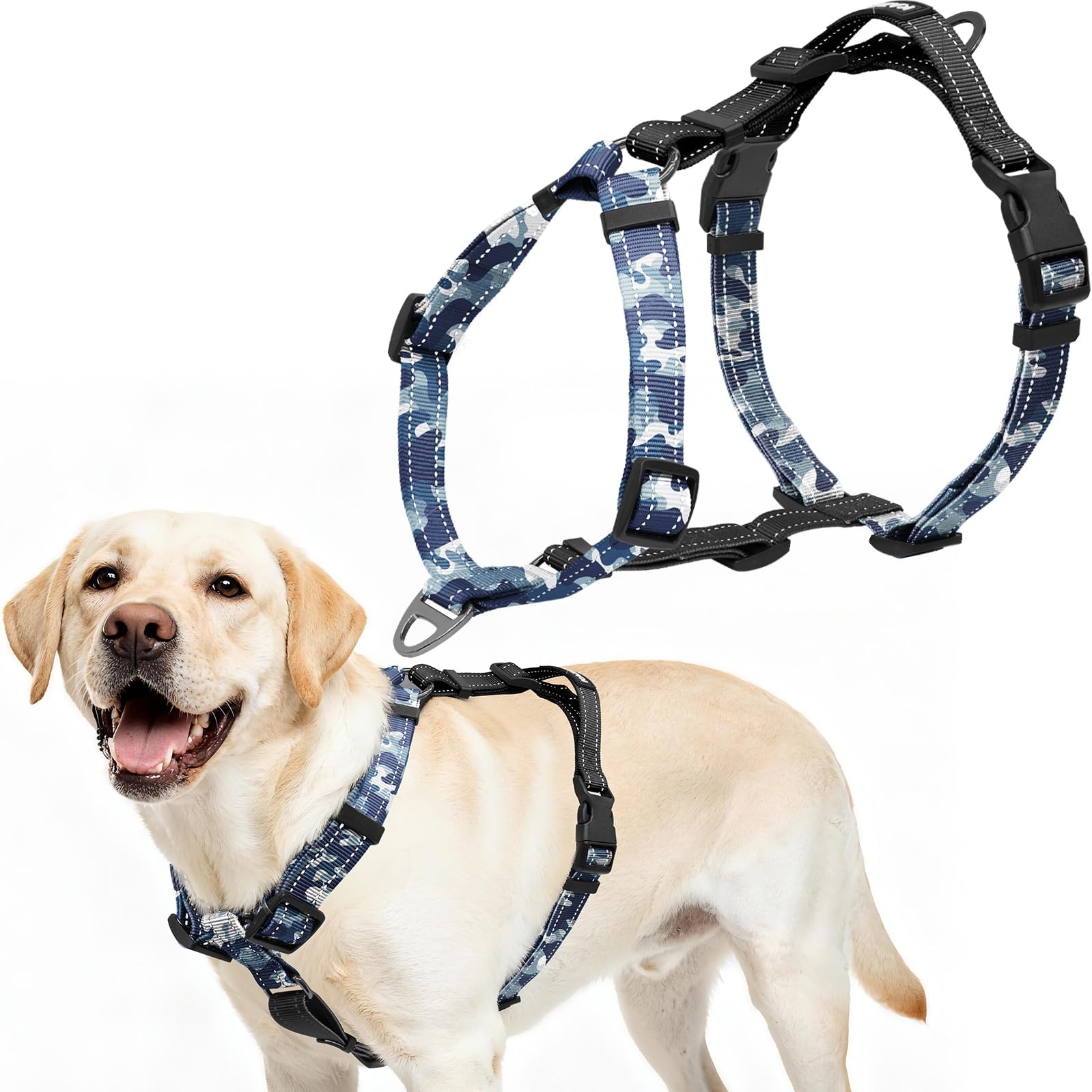 Dog Harness,Adjustable No Pull Dog Harness,Y-Shaped Design,Buckle-Neck Balance Harness with Reflective, Ideal for Dog Training Hiking, Easy Walk Harness,Durable High-Tensile Nylon Blue Camo-L
