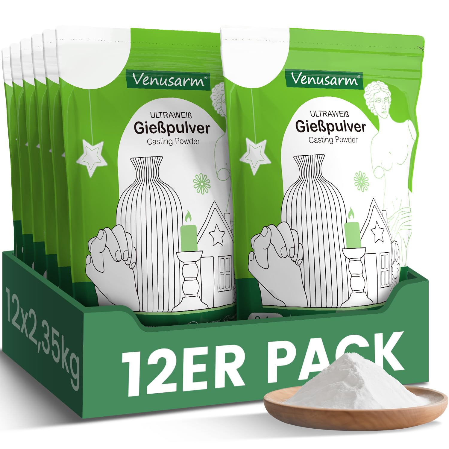 Gießpulver Weiß 12x2,35kg [TESTSIEGER] – Natürliches Gießpulver für Kreative Projekte, Gips zum Gießen für DIY Kunsthandwerk