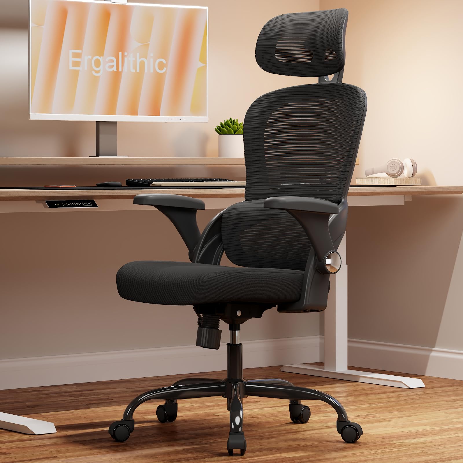 TRALT Ergonomiczne krzesło biurowe, z regulowanym zagłówkiem, krzesło biurowe z regulacją wysokości, krzesło gamingowe, ergonomiczne krzesło biurowe, 150 kg, na długi czas, kolor czarny