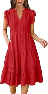 Womens Summer Dress Ruffle Sleeve V Neck Midi Dresses Fashion Casual Fit Flowy Tiered Boho Beach Vacation Sundress - Buy now