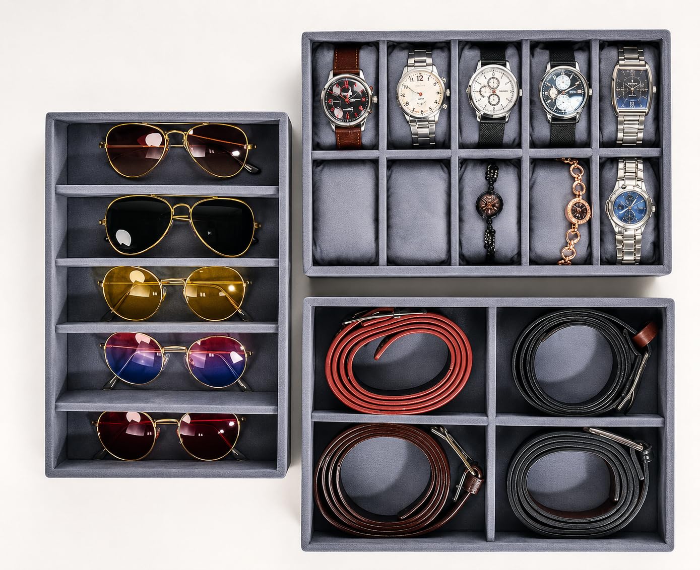 La Trove Bandeja organizadora de piel sintética de alta calidad para reloj, cinturón, corbata, gafas de sol (combo de 3, gris)