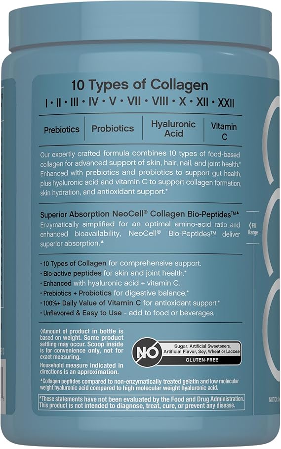 NeoCell Multi Collagen Bio-Peptides Powder | 10oz | Advanced with Hyaluronic Acid and Vitamin C | 10 Super Types of Collagen | Superior Absorption | Grassfed Protein Supplement