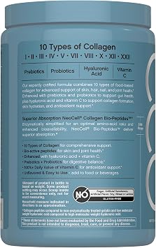 NeoCell Multi Collagen Bio-Peptides Powder | 10oz | Advanced with Hyaluronic Acid and Vitamin C | 10 Super Types of Collagen | Superior Absorption | Grassfed Protein Supplement