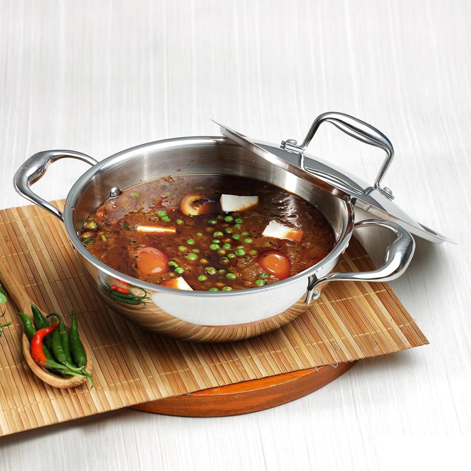 Vinod Platinum Triply Stainless Steel Kadai with Lid (22cm, 1.8L) | 2.5 mm Thick | Triply Kadai with Heavy Bottom | Induction Friendly Triply Stainless Steel Cookware Kadhai | 5 Year Warranty