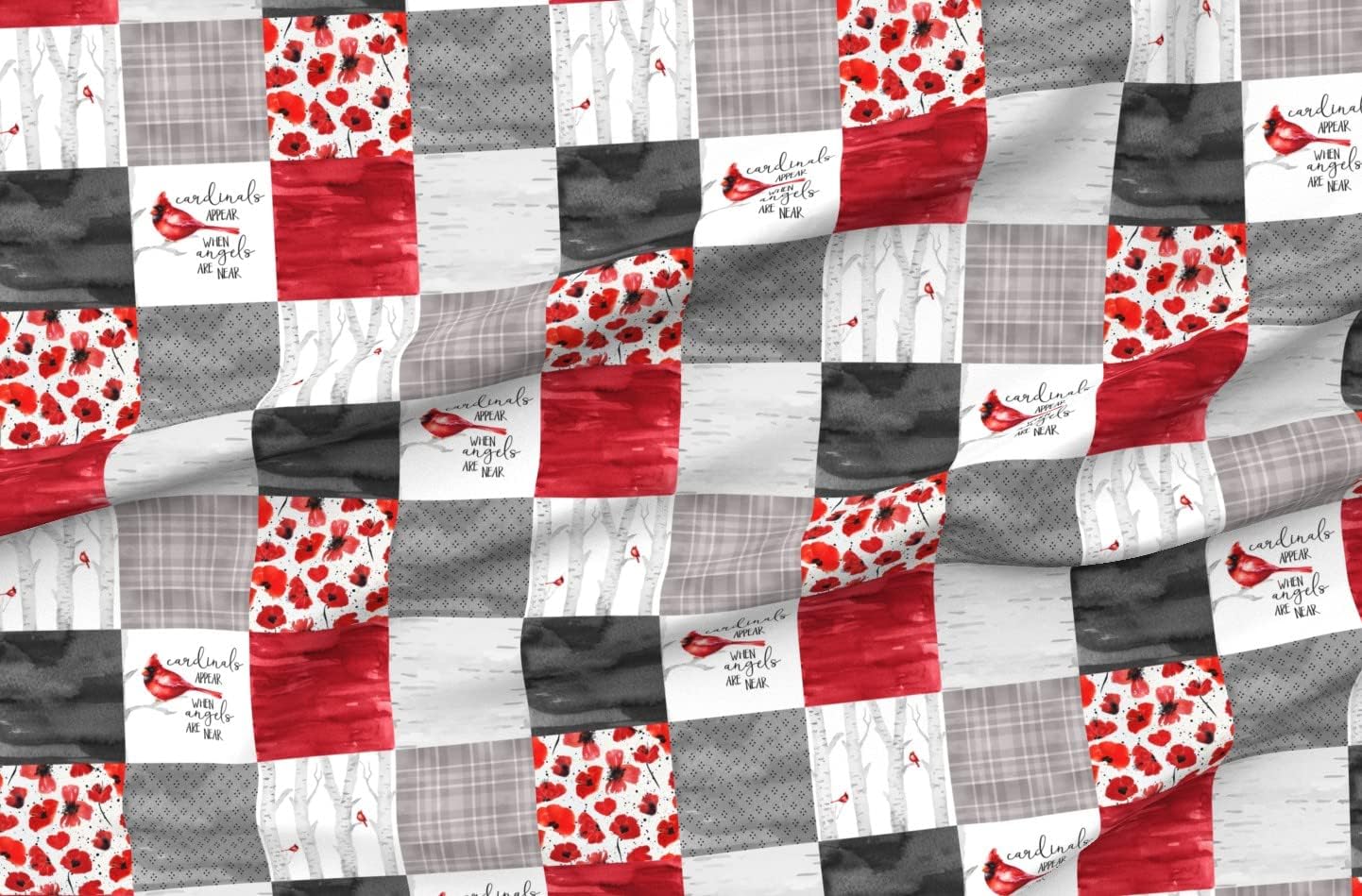 Spoonflower Fabric - Red Cardinal Poppy Angels are Near Gray White Quilt Topper Wholecloth Printed on Organic Cotton Sateen Fabric by The Yard - Sewing Quilting Apparel Home Decor