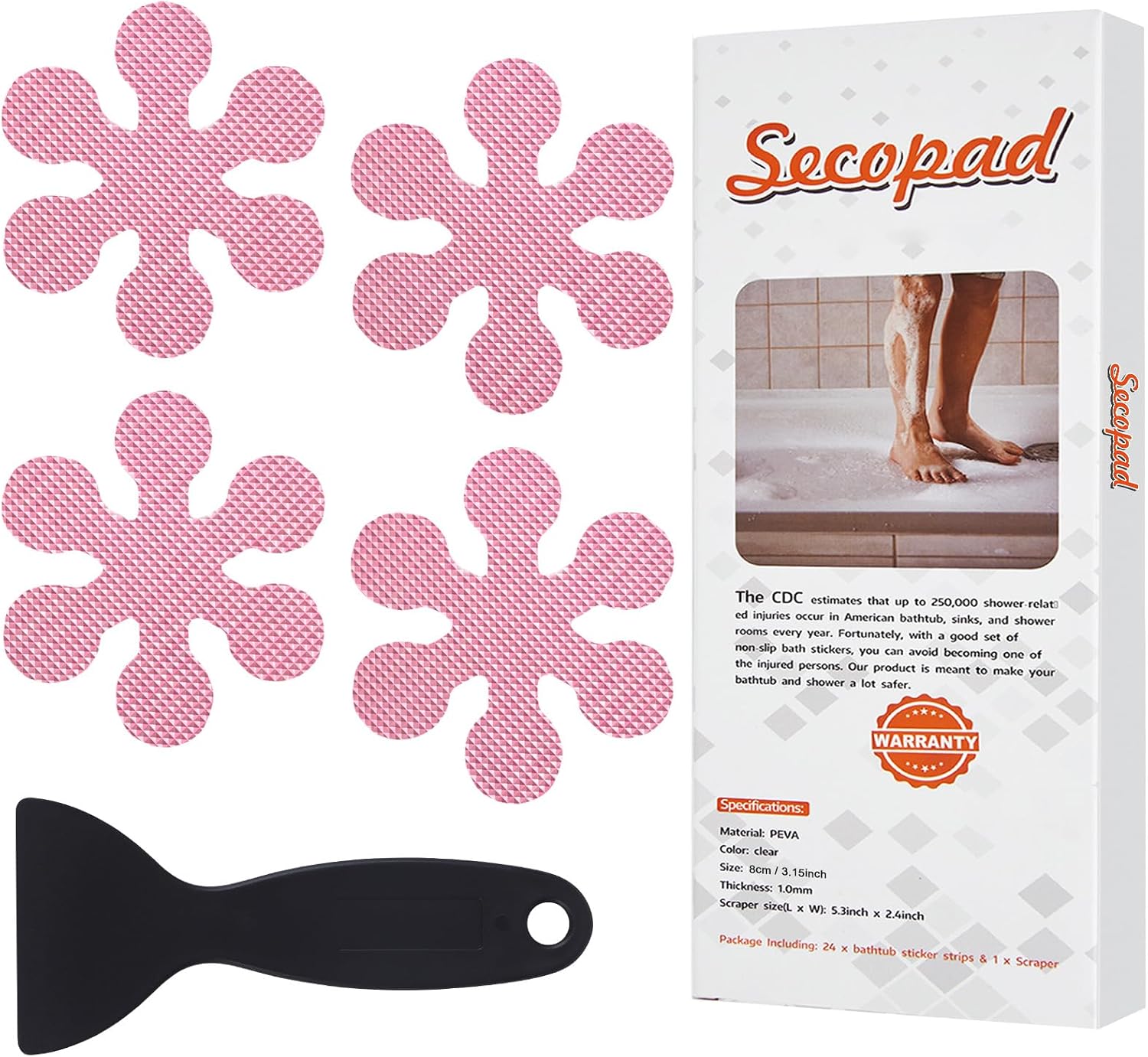 Secopad Snowflakes Non Slip Bathtub Stickers with Scraper, 24PCS, Black | Original Large Anti-Slip Treads, Comfortable PEVA Material, Strong Adhesive, Easy to Use, For Bath Tubs, Showers & Stairs