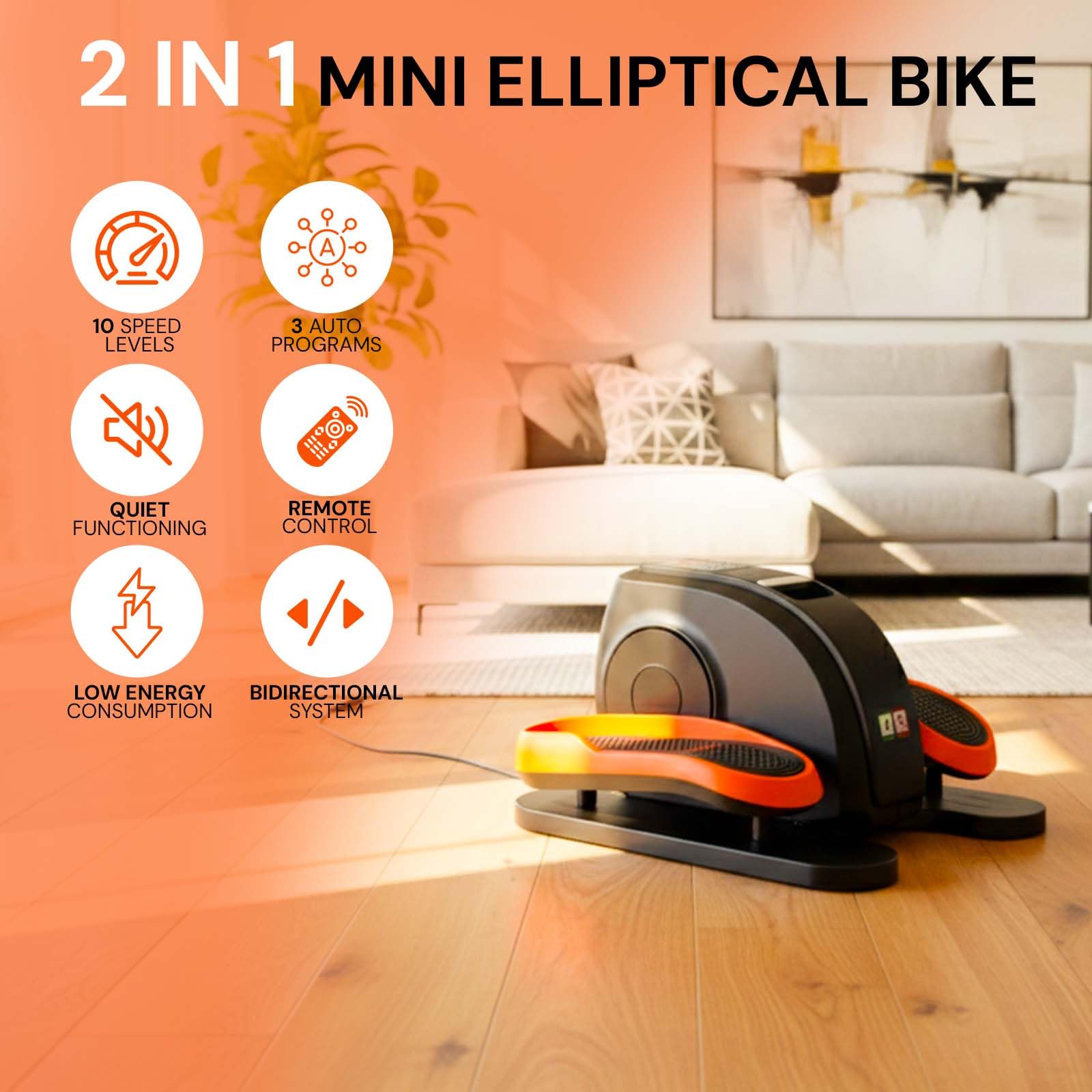 Mini elliptique électrique bidirectionnelle |Repose-moteur | exercices de jambes | Télécommande | Affichage de la vitesse et des calories | 3 programmes automatiques | 60 W