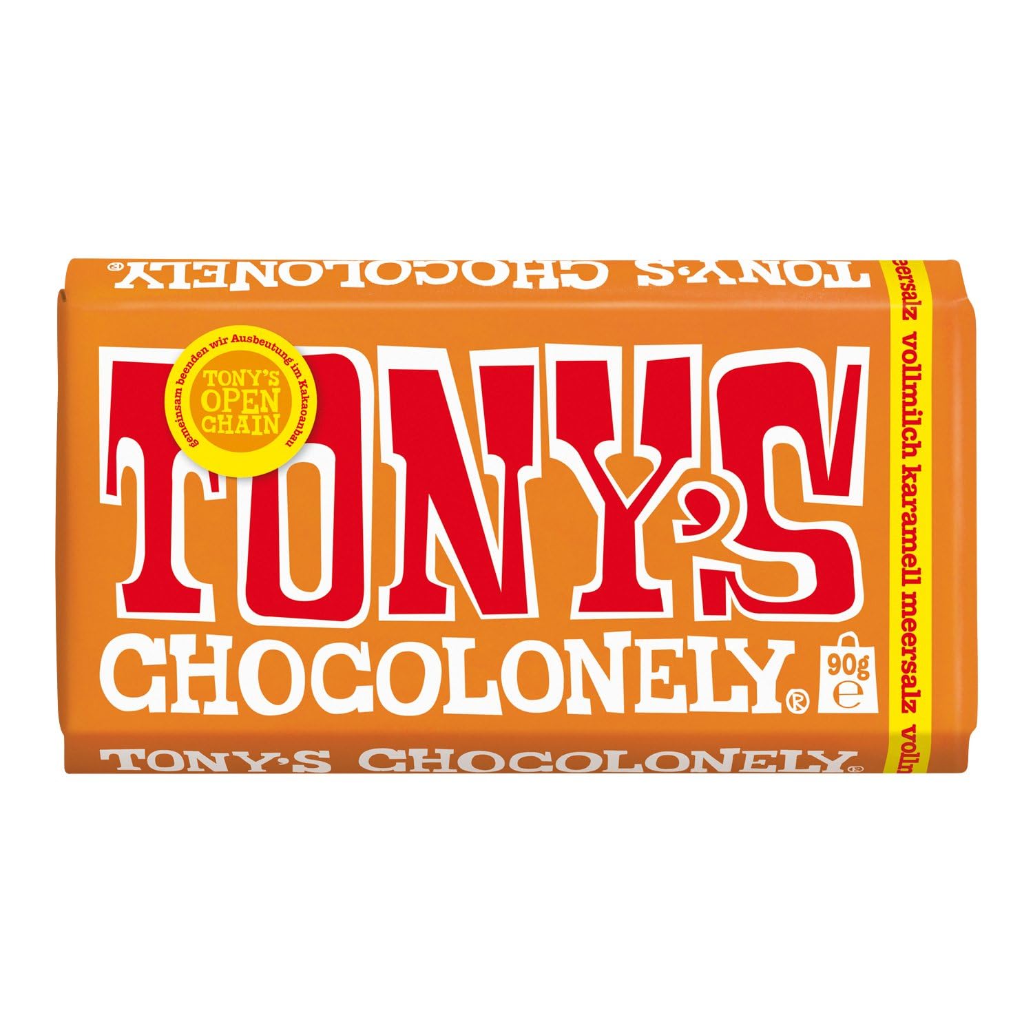 TONY'S CHOCOLONELY - Vollmilchschokolade mit Karamell & Meersalz 90 g. Fairtrade Schokolade mit Karamellstückchen & Meersalz. Ohne Palmöl, hergestellt in Belgien