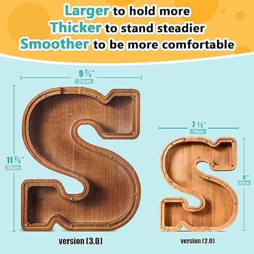 Miniatura 383 de SummiDate Alcancía de madera con nombre, niños y niñas, tamaño grande, letras alfabeto A-Z, monedas y billetes, inicial en cubierta transparente