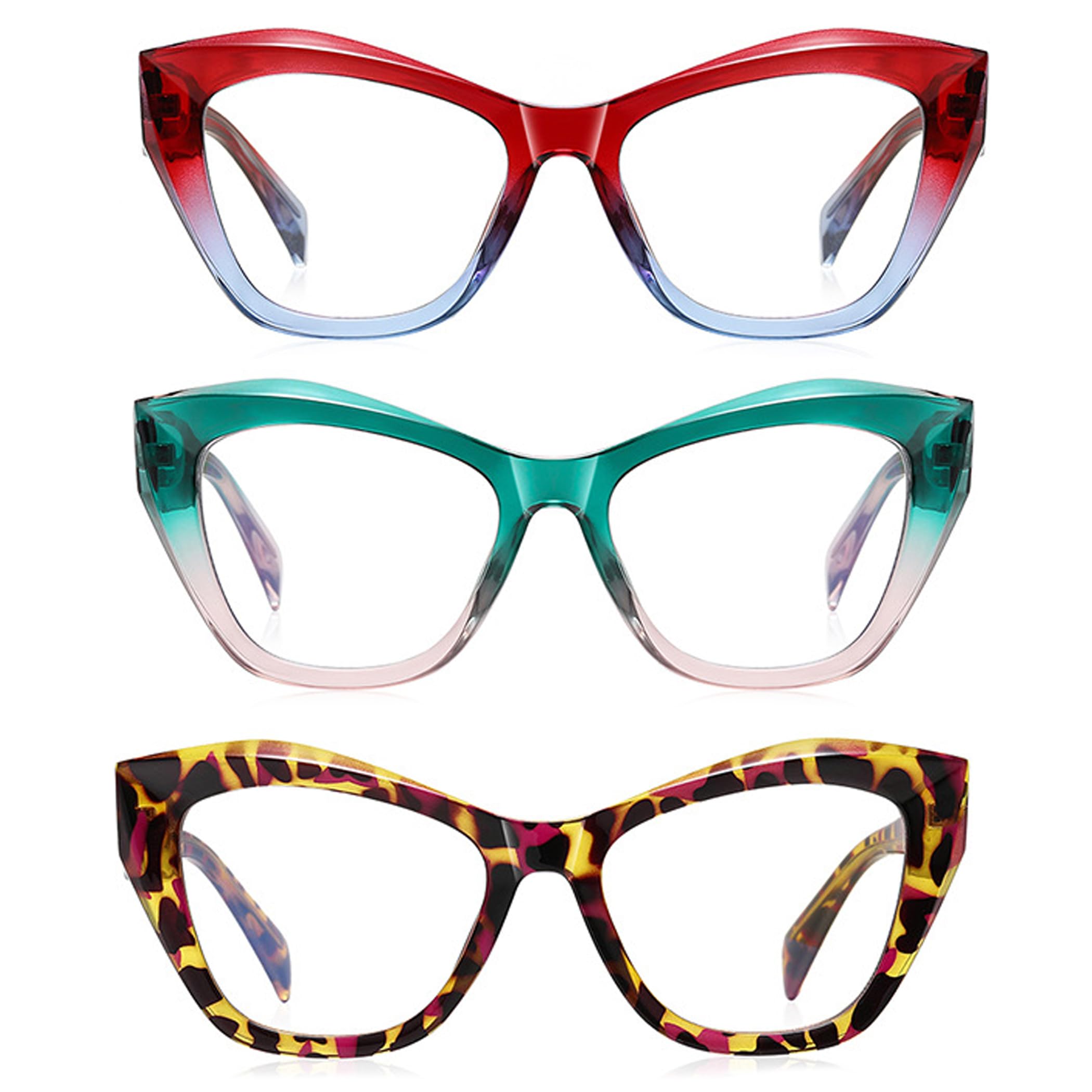 bullabulling 3Pack Oversized Oprah Style Reading Glasses For Women Men Spring Hinges Blue Light Blocking Computer Readers (red/green/leopard, 0.0)