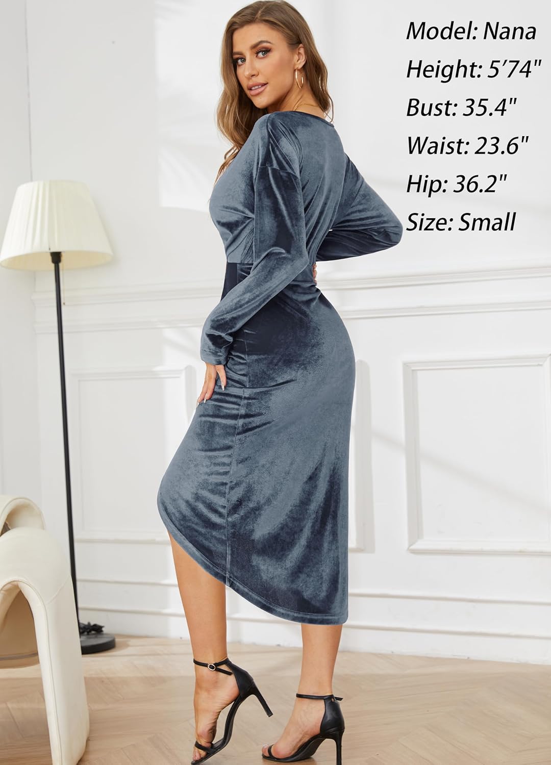 Women's V Neck Long Sleeve Ruched Dress Sexy Velvet Cocktail Party Evening Club Midi Dresses - Image 4