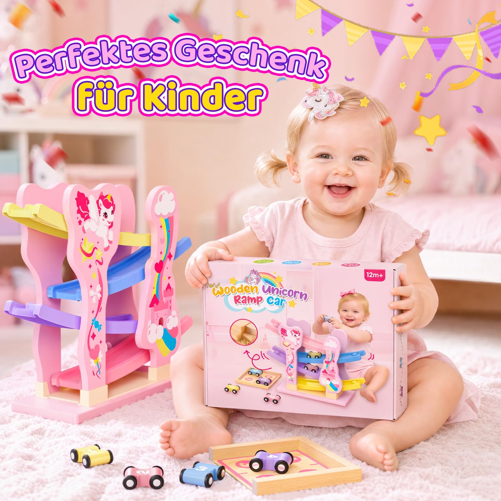 Toyzey Montessori Spielzeug ab 1 Jahr, Holzspielzeug Motorikspielzeug ab 1 2 3 Jahr Junge Einhorn Geschenk für Mädchen Kugelbahn Holz Kinderspielzeug ab 1 2 3 Jahre Babyspielzeug Auto Spielzeug