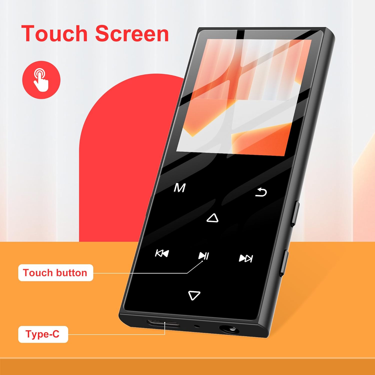 SWOFY D50 MP3 Player showing touch screen, touch buttons, and Type-C port.