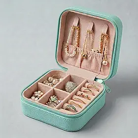 Porta Joias de Viagem Portátil Estojo Organizador para Colares Anéis Brincos e Pulseiras Mini Caixa Organizadora Pequena de Bijuterias e Semijoias Antirriscos com Zíper | Kazoku (Turquesa)