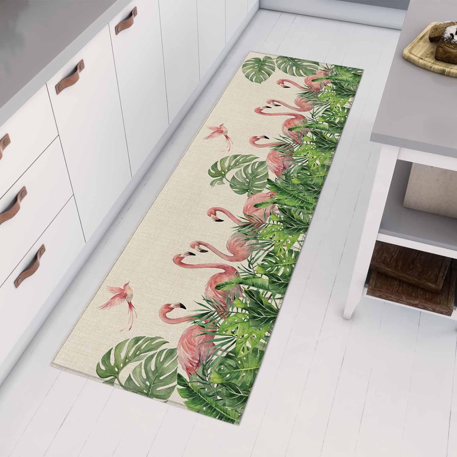 Kitchen Mats for Floor Rustic Flamingo Bird Monstera Washable Non Slip Kitchen Rugs 1PCS, Watercolor Animal Plant on Linen Absorbent Standing Mats for Sink Bathroom Office Living Room 23.6x70.9in