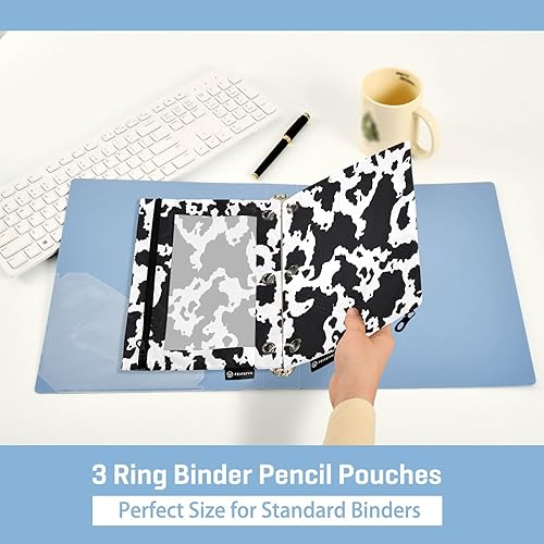 Miniatura 5 de Kigai Carpeta con estampado de vaca, estuche para lápices de 3 anillos, estuche con cremallera y bolsa transparente para lápices, paquete de 2