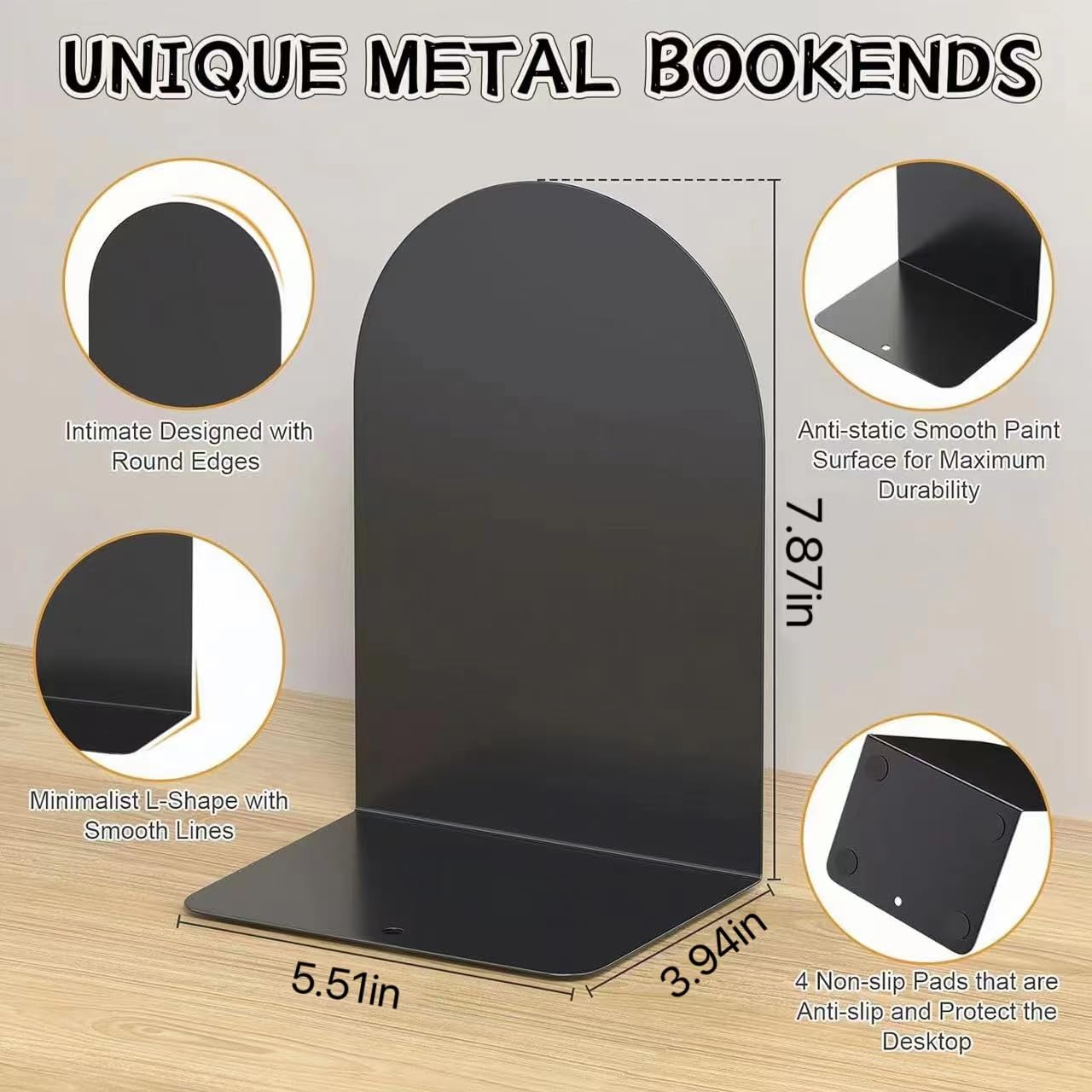 Deefongo Book Ends,Metal Bookends, 8 Pieces Black Book Ends for Shelves,Non Skid No Rusting Book End - Image 2