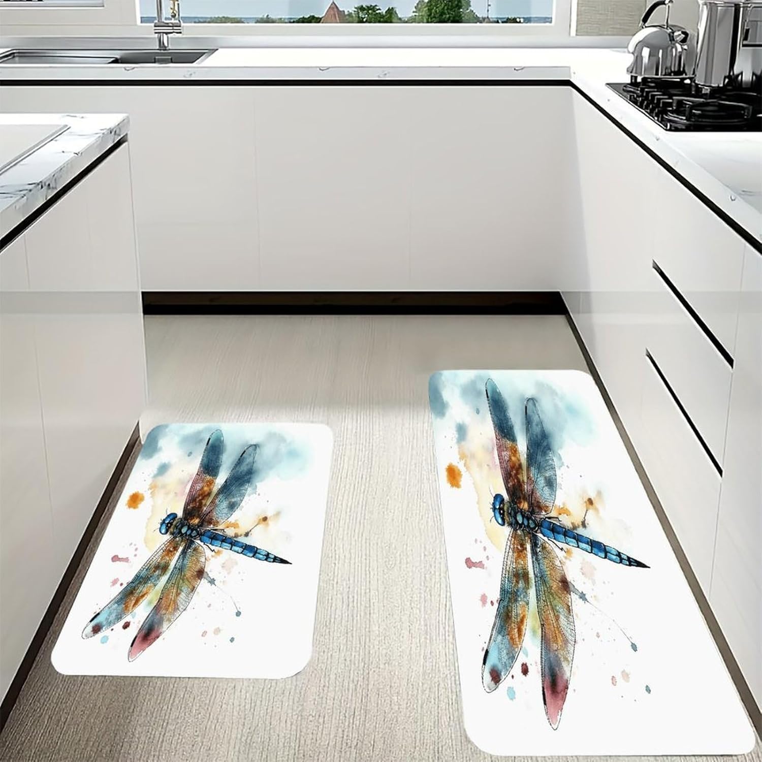 Watercolour Dragonfly Kitchen Mat Washable Non Slip Rugs Soft Kitchen Mats for Floor Set of 2 PCS Cushioned Absorbent Runner Standing Rugs for Home Sink Laundry Office