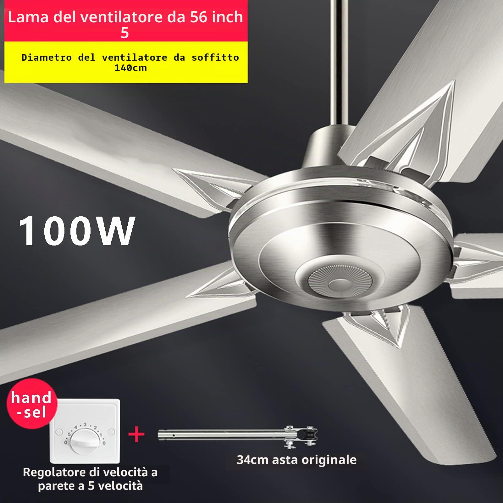 1.4m Ventilatore da Soffitto Industriale Grande Ventilatori Domestico in Acciaio Inossidabile, Nucleo in Rame Puro Vento Forte, Ventilatore Elettrico Industriale da 100 W A 5 velocità