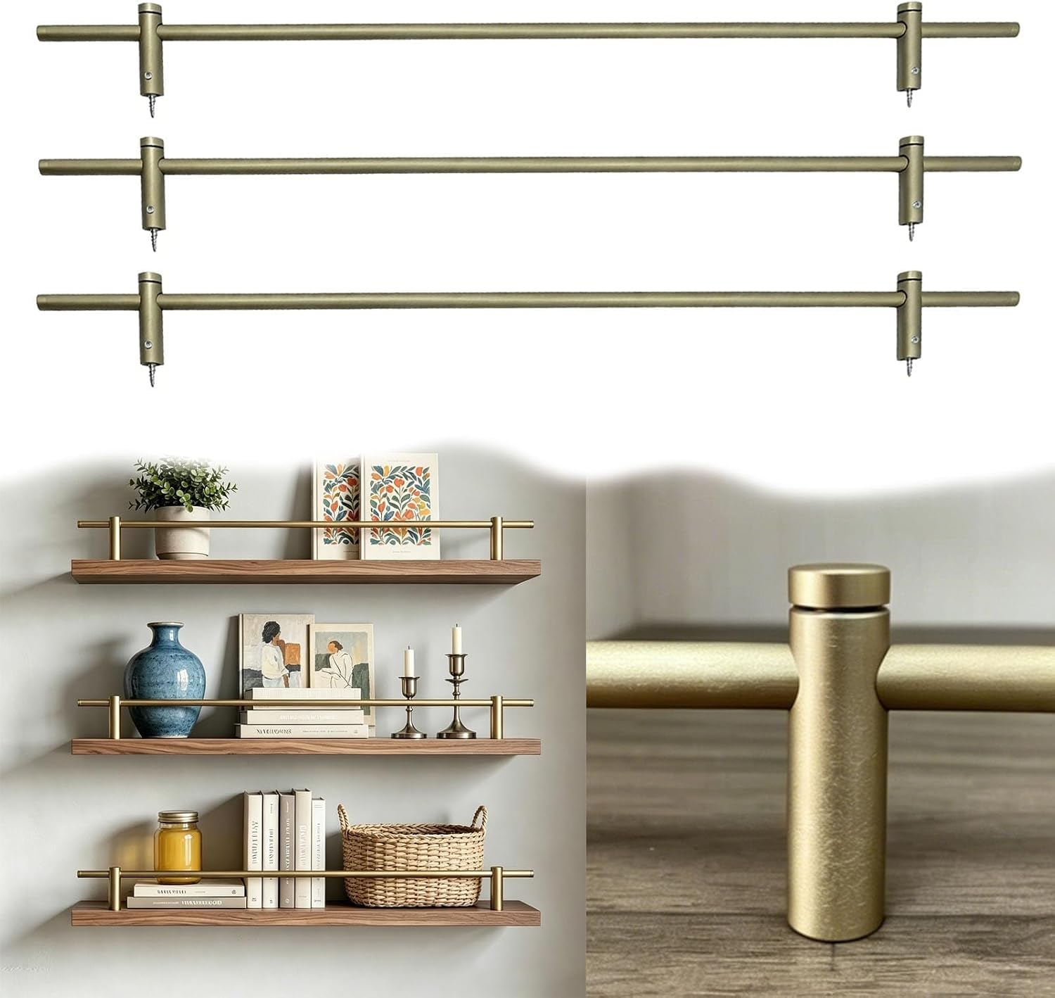 Ringhiera Decorativa Galleggiante per mensole, Asta Basculante in Alluminio Spazzolato con 2 perni, Barre per ringhiere da Galleria da 8 a 42 Pollici per vasi, Libri, Piante (41in/104cm)