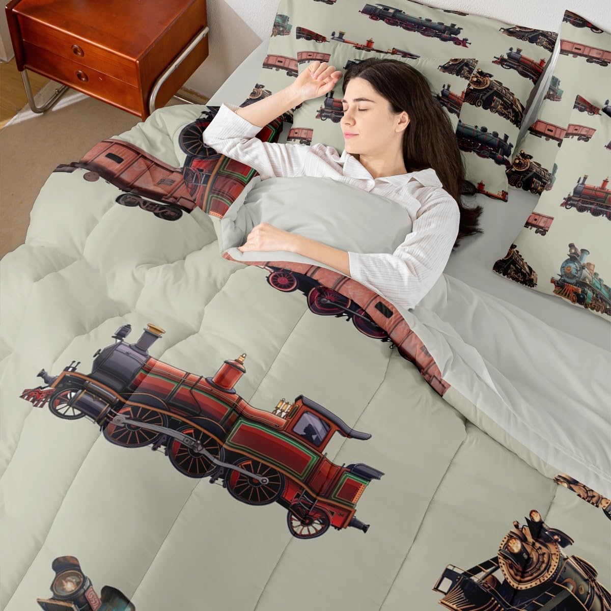 Feelyou Vintage Train 7 Piece Bedding Set for Kids Boys Retro Steam Engine Print Comforter Set with Sheets Twin Size Bedroom Decor Retro Steam Locomotive Train Print Bed in a Bag
