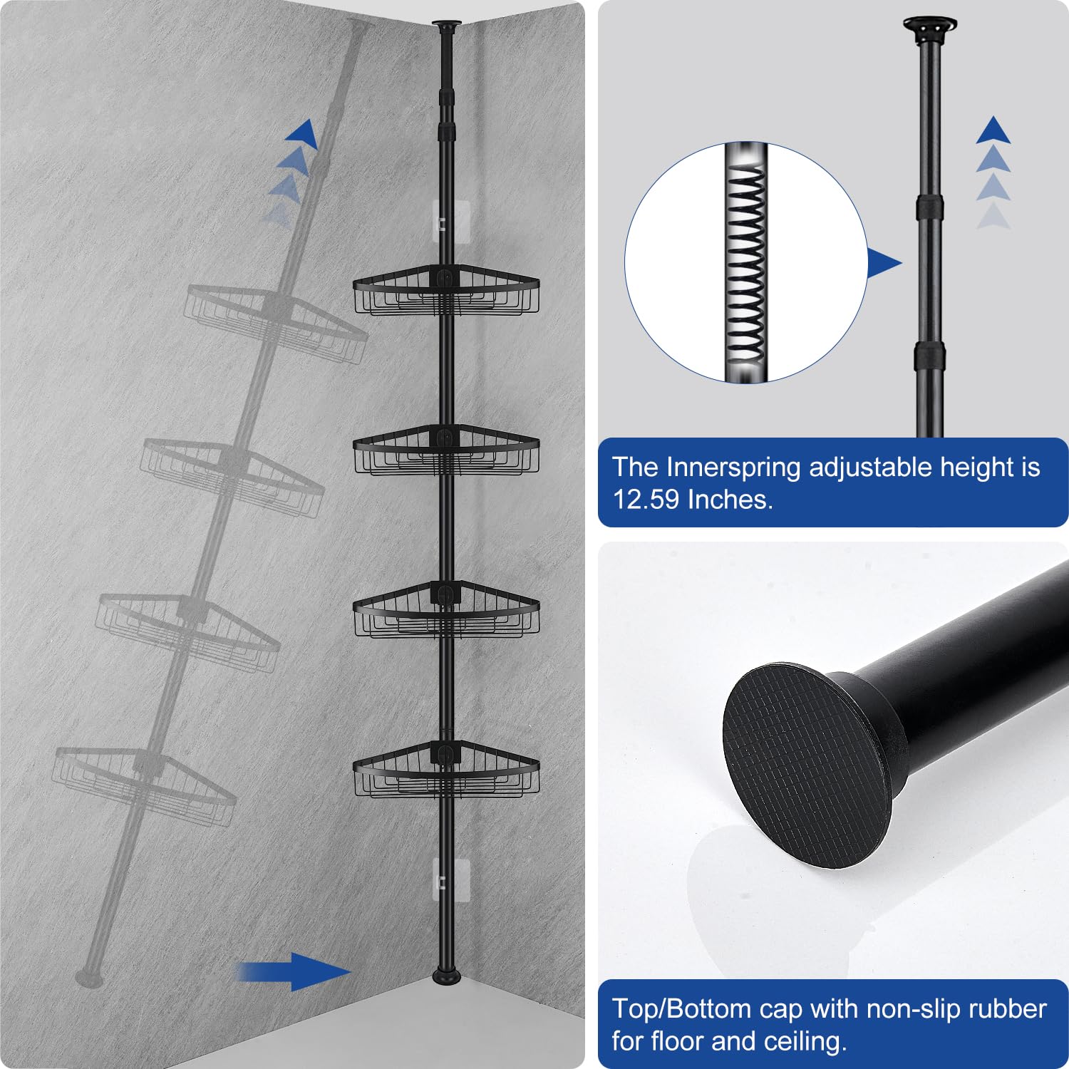 QIUFEN Telescopische doucheplank, metalen hoekrek, badkamerrek, doucheplank zonder boren, hoek, telescopisch badkamerrek, in hoogte verstelbaar van 73-302 cm (zwart