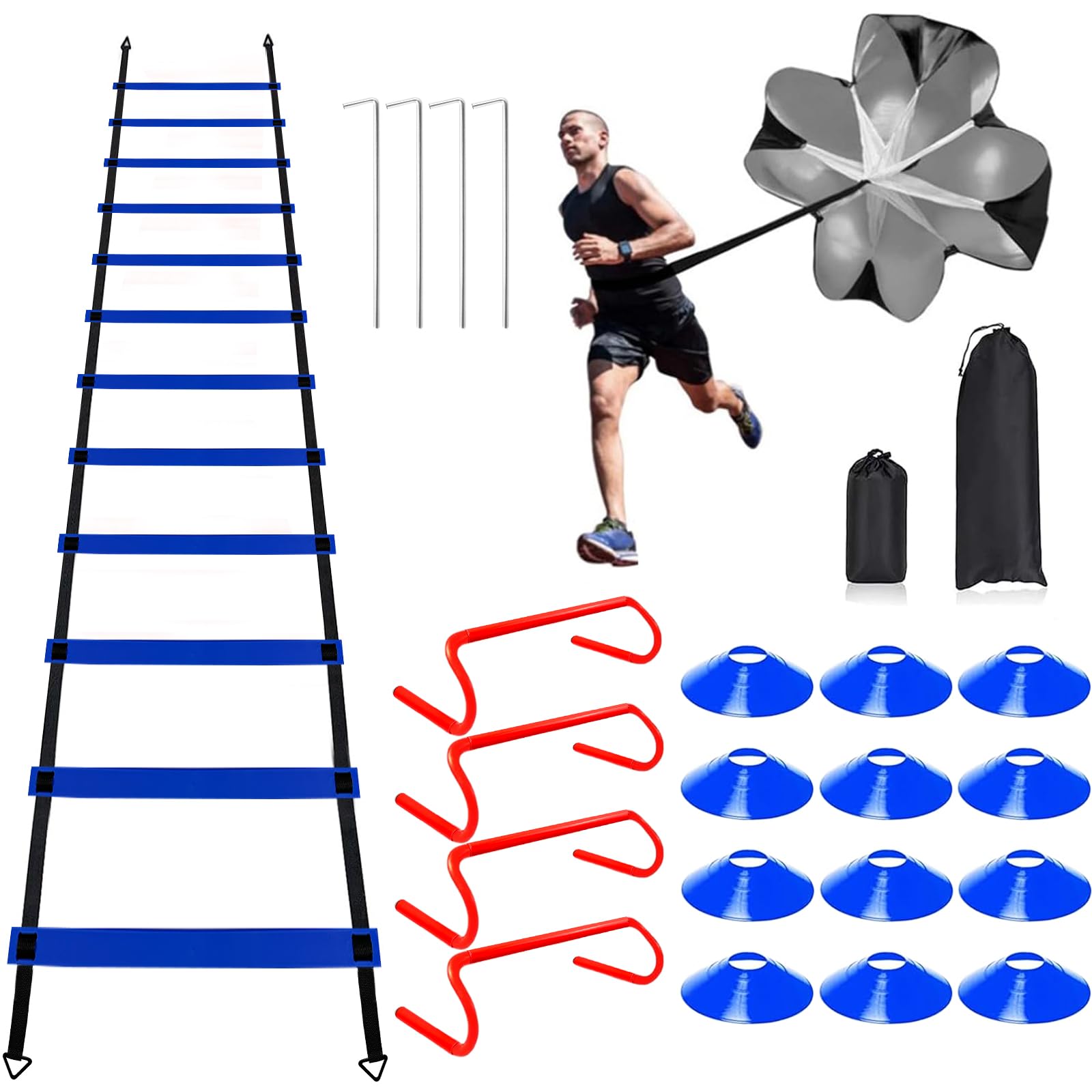 YEXEXINM Juego de equipo de entrenamiento de velocidad de escalera de agilidad profesional, escalera de agilidad de 20 pies, 12 conos de fútbol, 4 obstáculos de agilidad, paracaídas para correr,