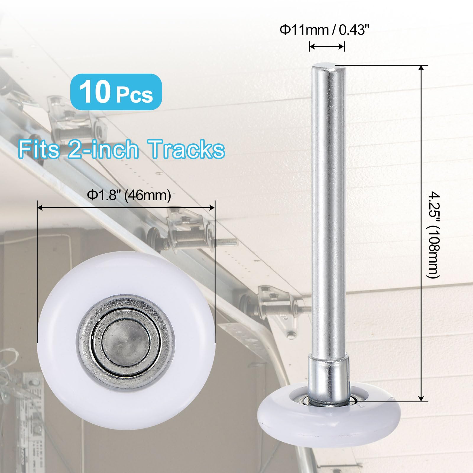 QUARKZMAN 10pz Rulli per Porte Garage in Nylon da 1.8" per Binario da 2" - Asta da 4.25" - Ruote Silenziose per Porte Garage - Cuscinetto di Precisione 6200zz con 11 Sfere - Bianco